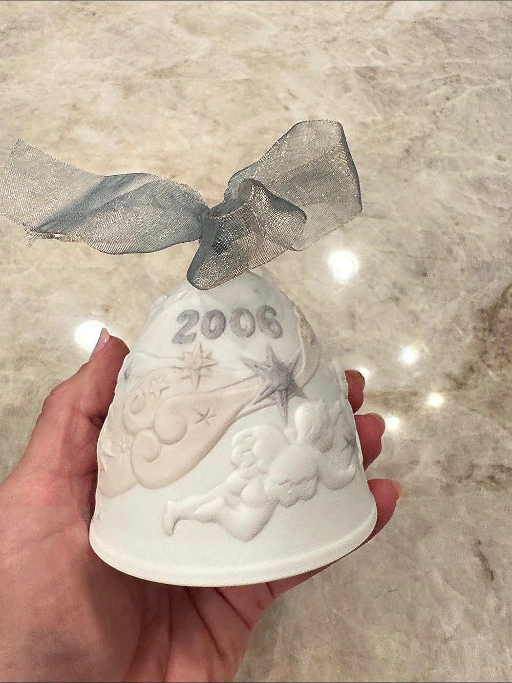 Lladro 2006 Annual Christmas Bell Ornament Floral White & Gray